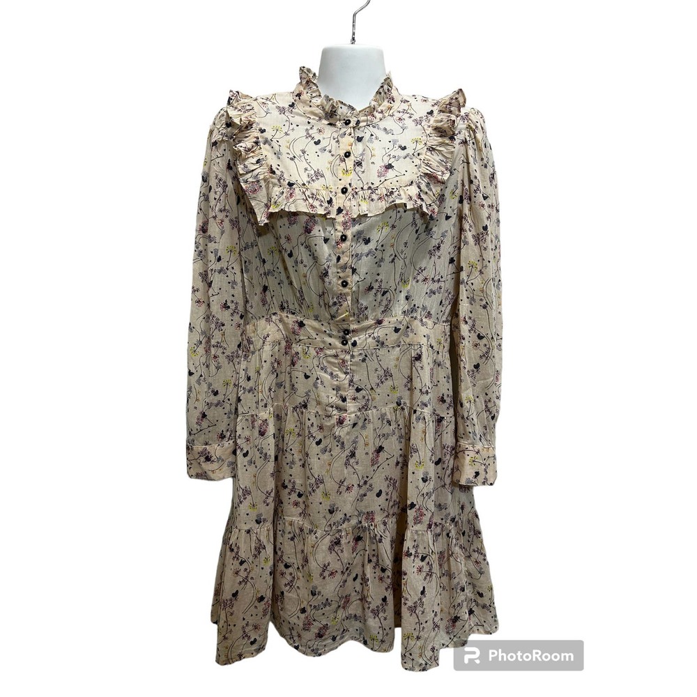 BA&Sh Belle Nude Color Dress S Prairie Boho Indie 100% Cotton Lined Long Sleeve